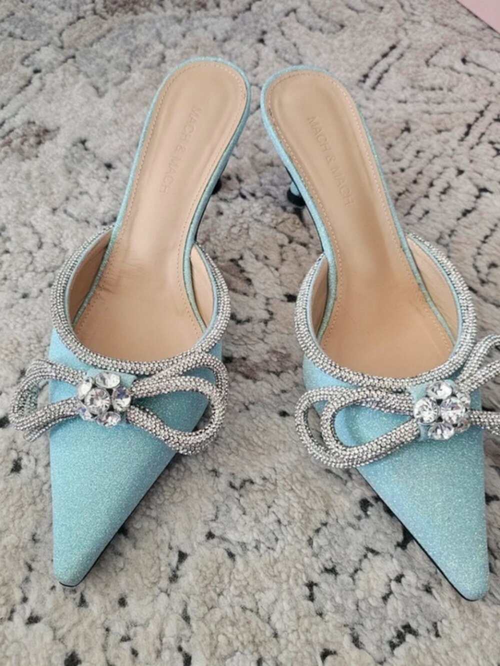 Mach & Mach 65mm Glitter Double Bow Mule Baby Blue Size 38